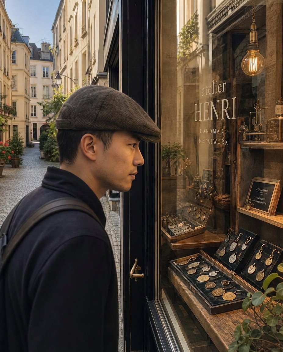 帽帽在手工金工店門口探頭探腦